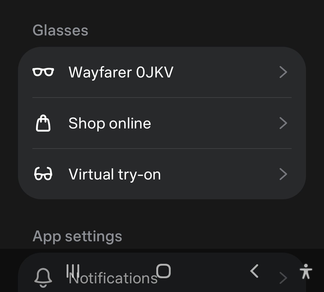 Glasses section of the Meta AI settings listing the paired glasses