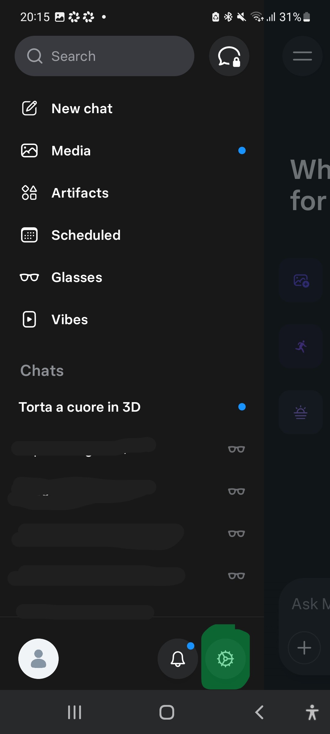 Meta AI side menu with the settings gear highlighted