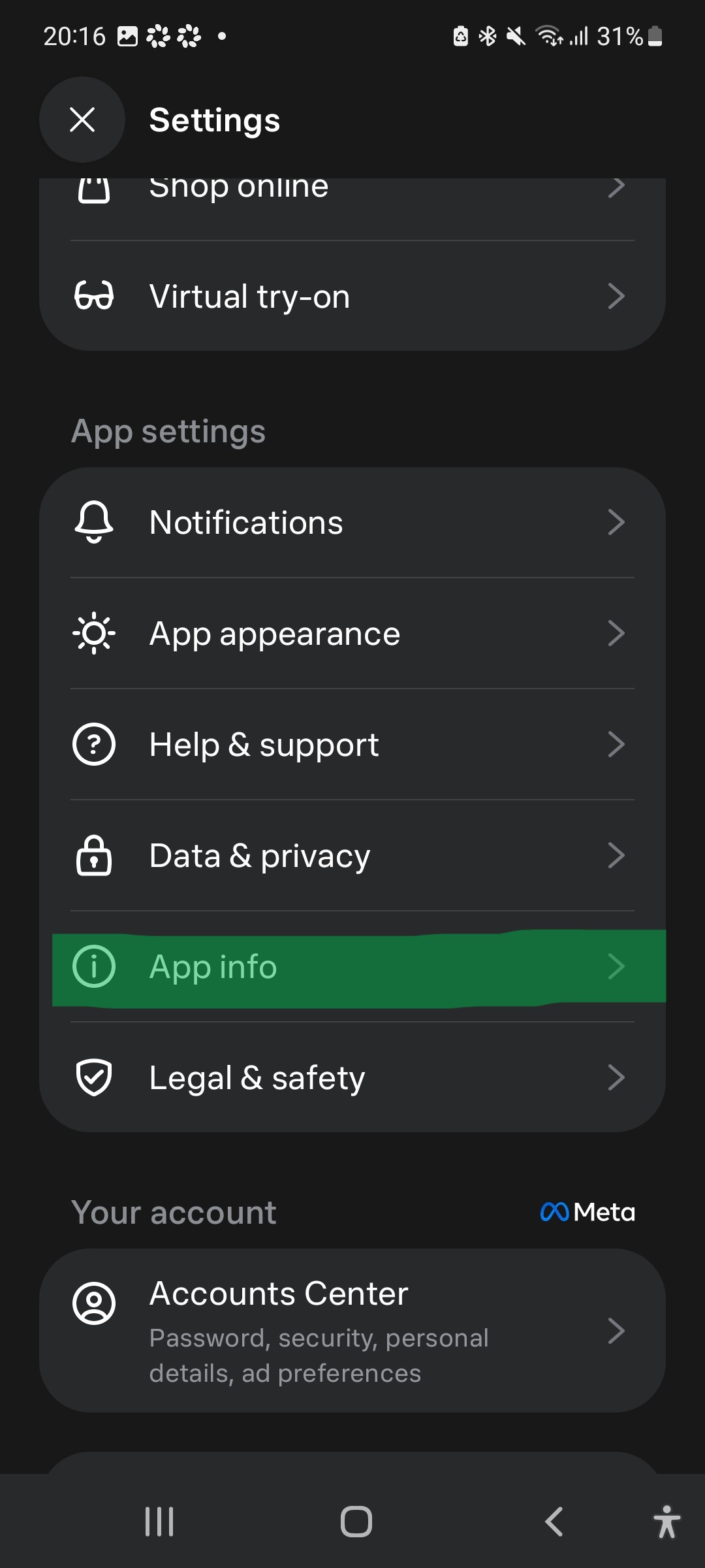 Meta AI settings screen with App info highlighted