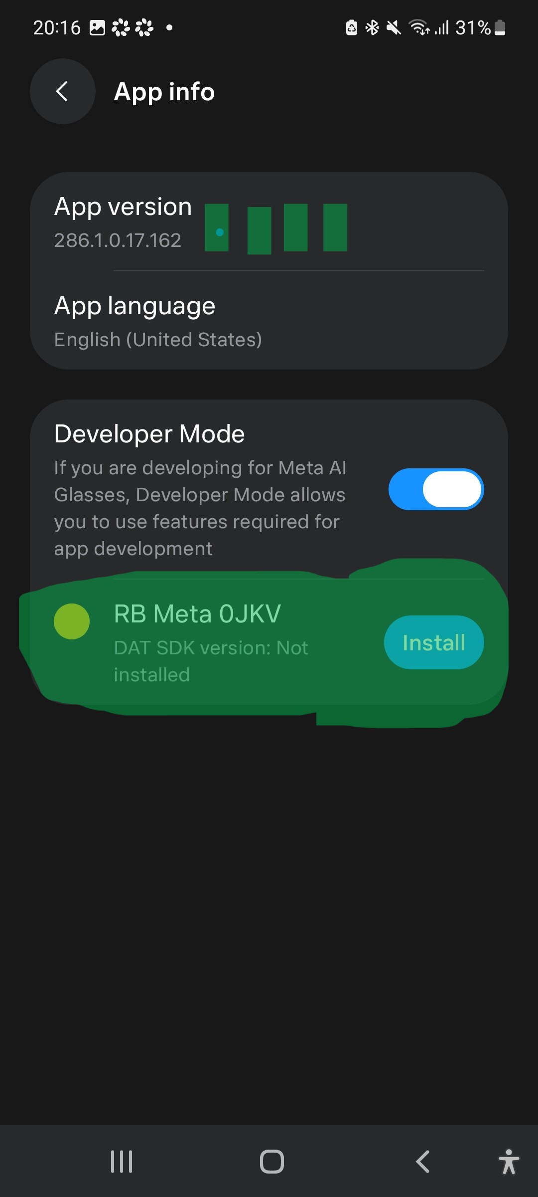App info screen with Developer Mode enabled and the DAT install button