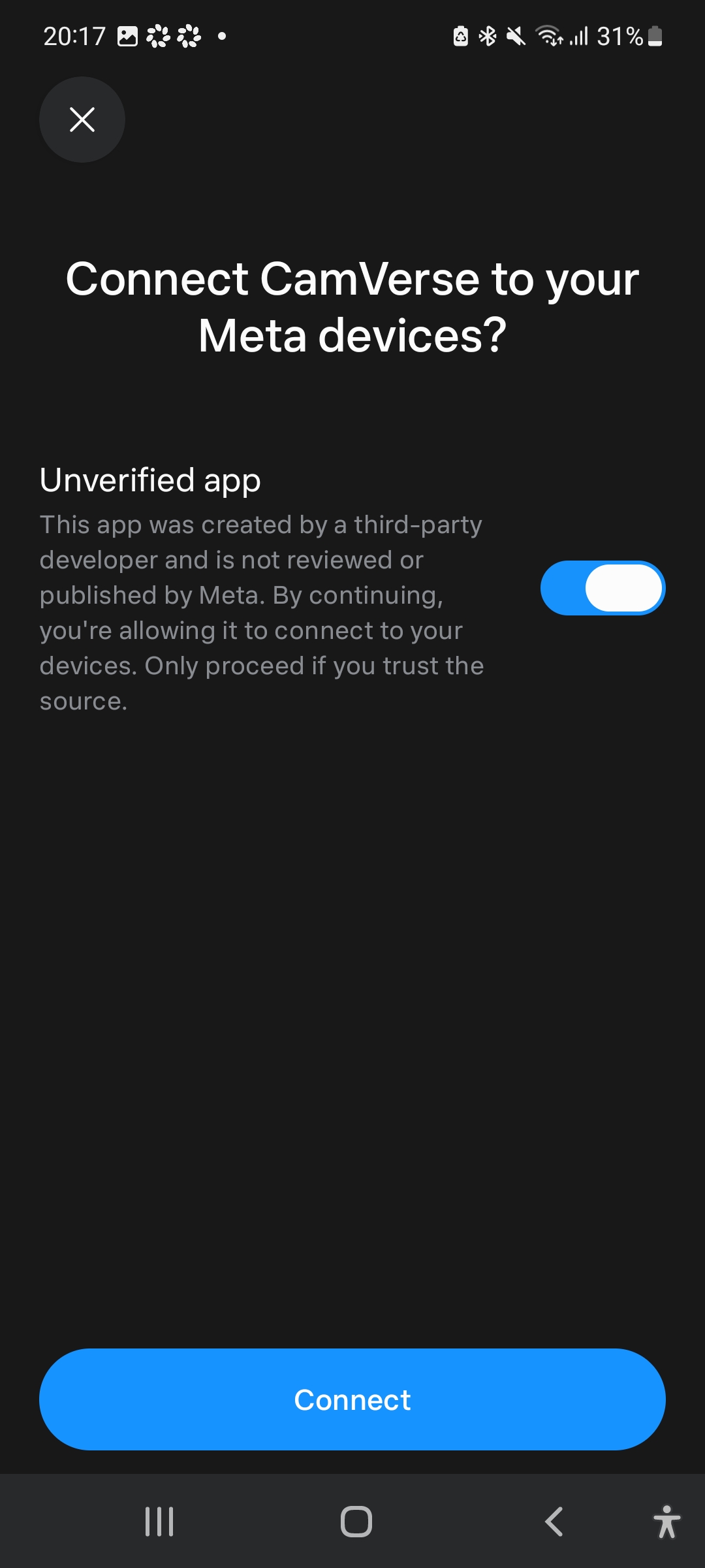 Meta AI asking to connect CamVerse to your Meta devices