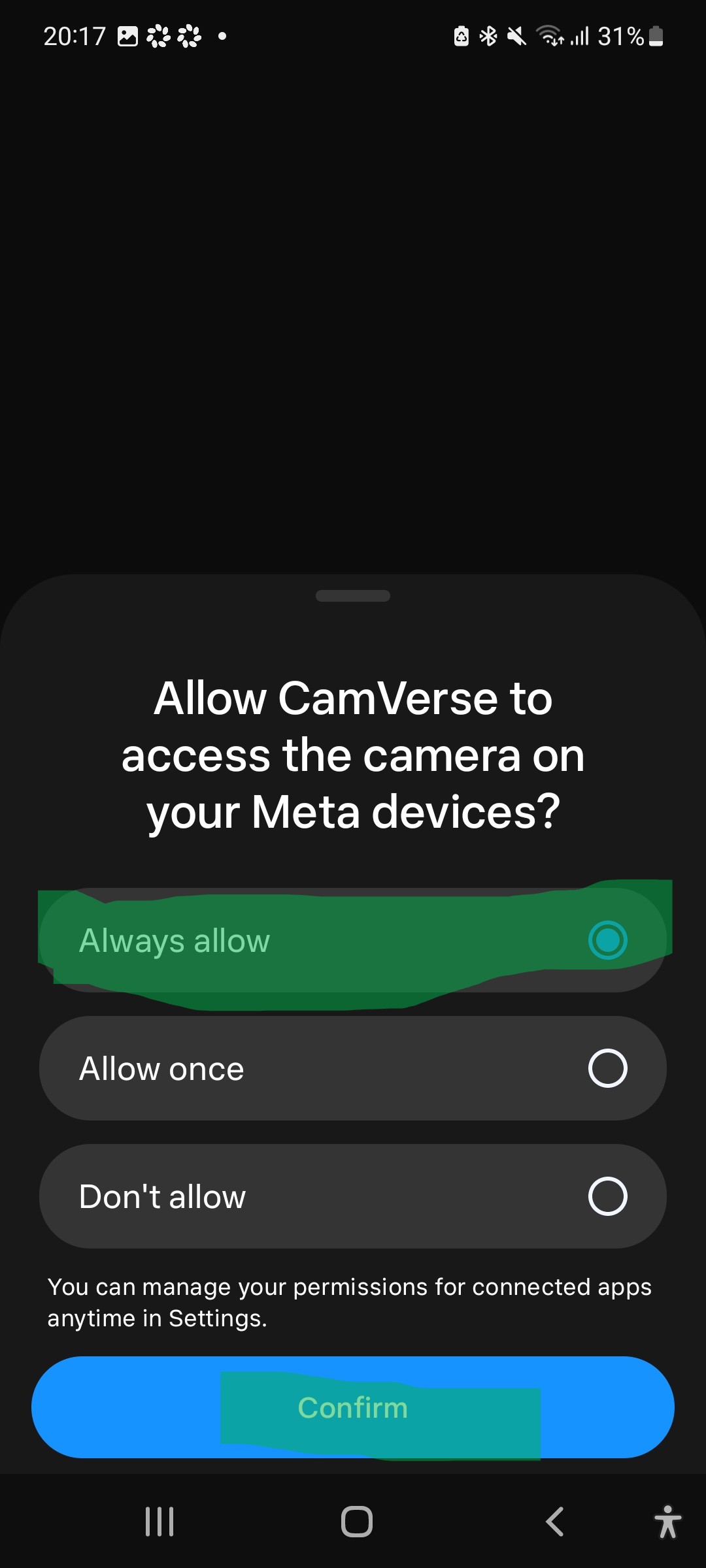 Camera permission sheet with Always allow selected