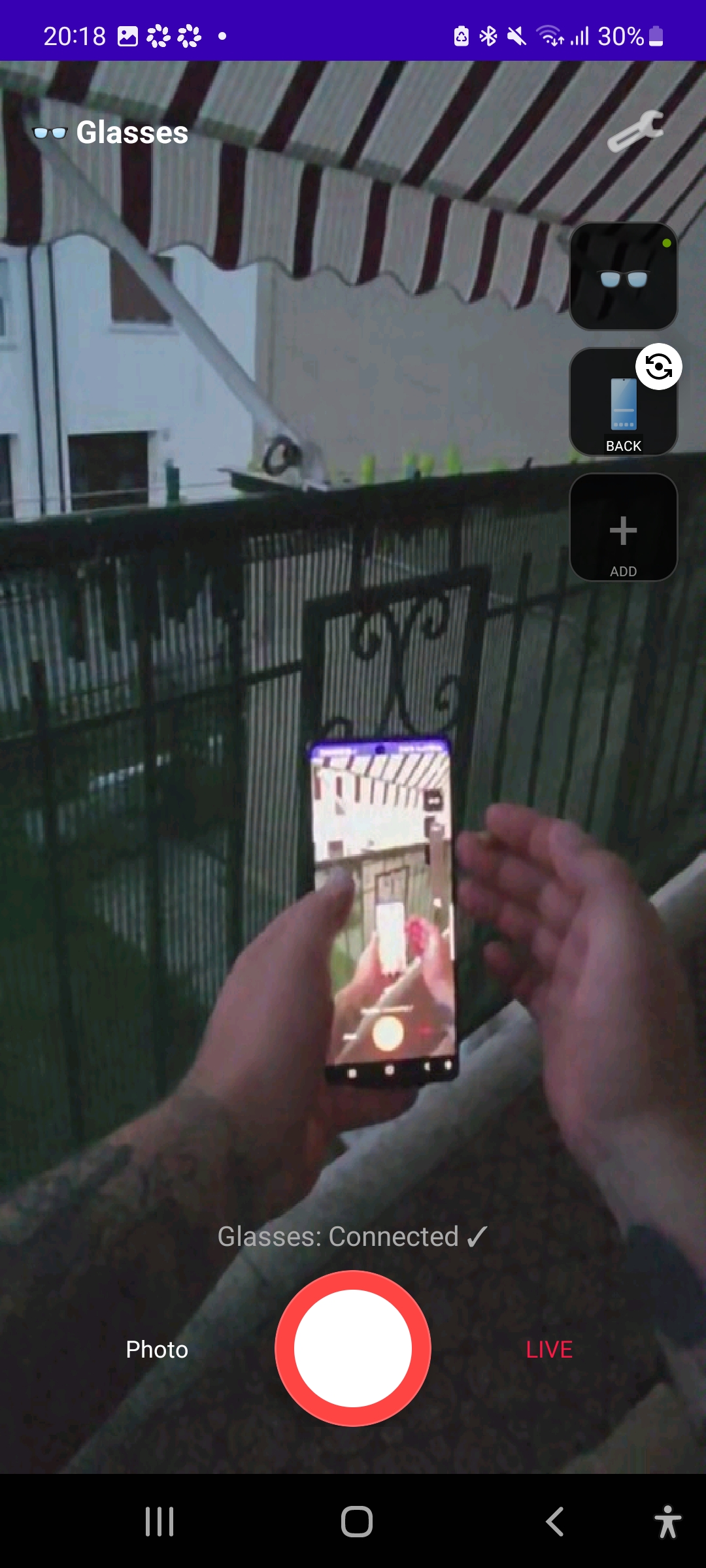 CamVerse showing the live POV feed from the glasses
